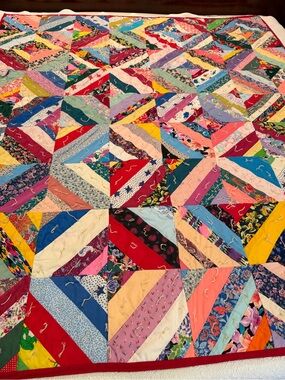 Vintage Multicolor Patchwork crazy quilt hand tied 74”x64” cotton farmhouse